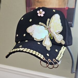 Black Cap with Jewel Butterfly and Gold Accents